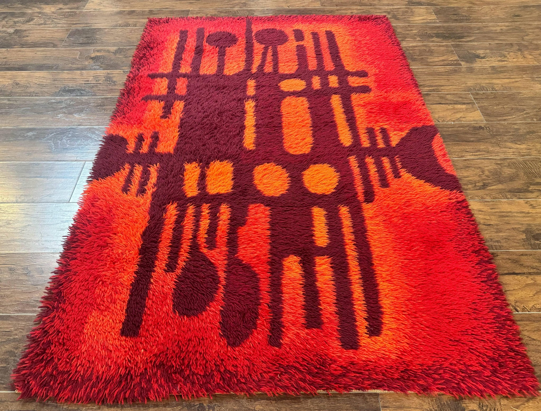 Danish Rya Shag Rug 4x6, Red Vintage Mid Century Retro Abstract Shag Rug by Jewel Rugs