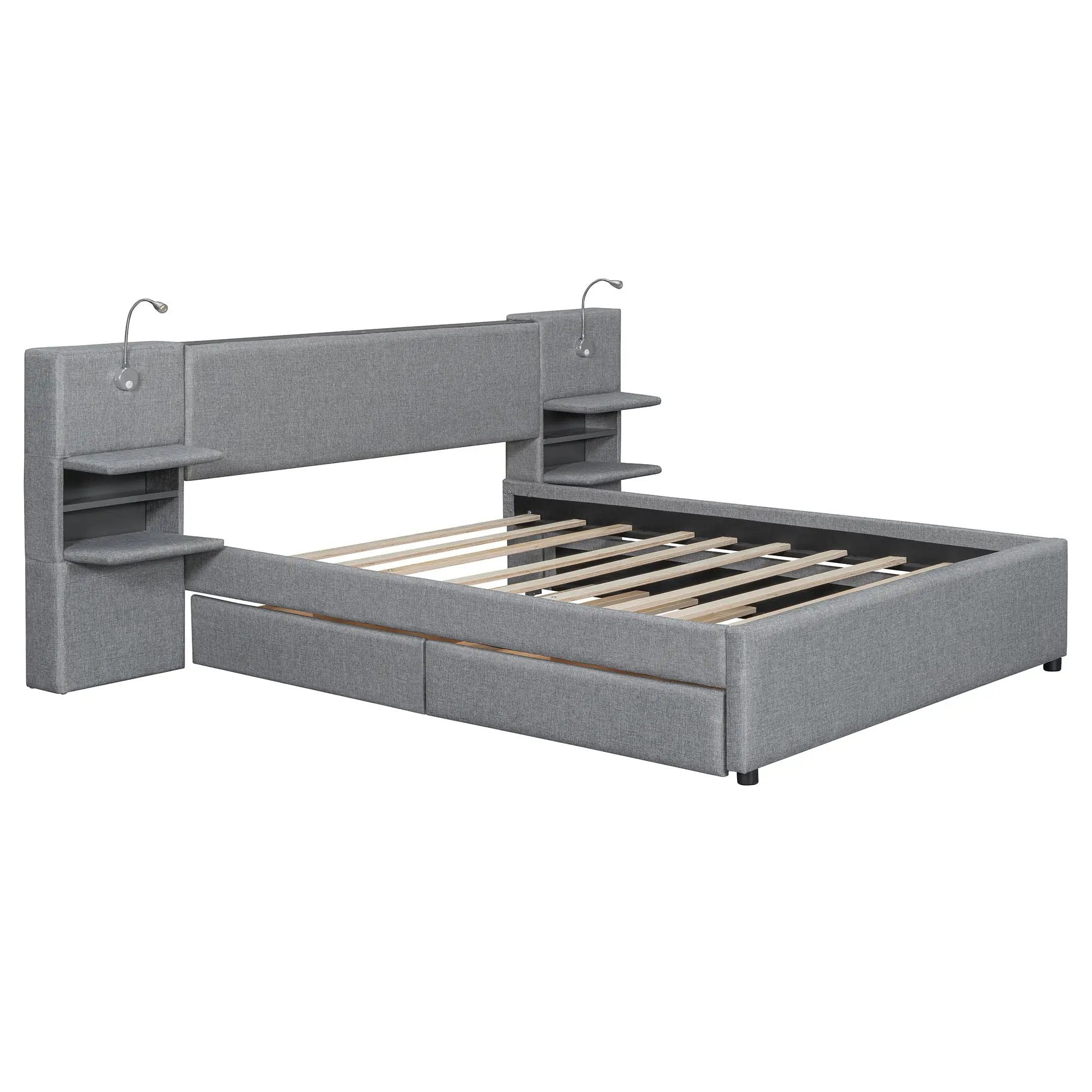 Upholstered Platform Bed With Reading Lights, Drawers, Trundle And Shelves by HouseOfZazla