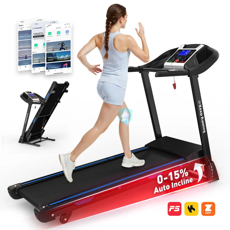Treadmills For Home, Electric Treadmill With Automatic Incline, Foldable 3.5Hp Workout Running Machine Walking, Double Running Board Shock Absorption Pulse Sensor Bluetooth Speaker App Fitshow - Black by HouseOfZazla