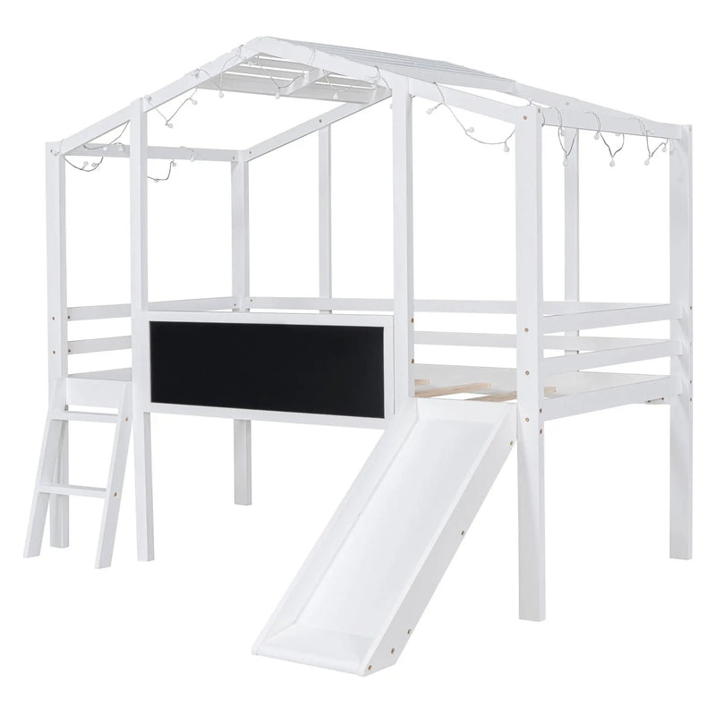 Loft House Bed With Ladder And Slide, With board And Light Strip On The Roof by HouseOfZazla