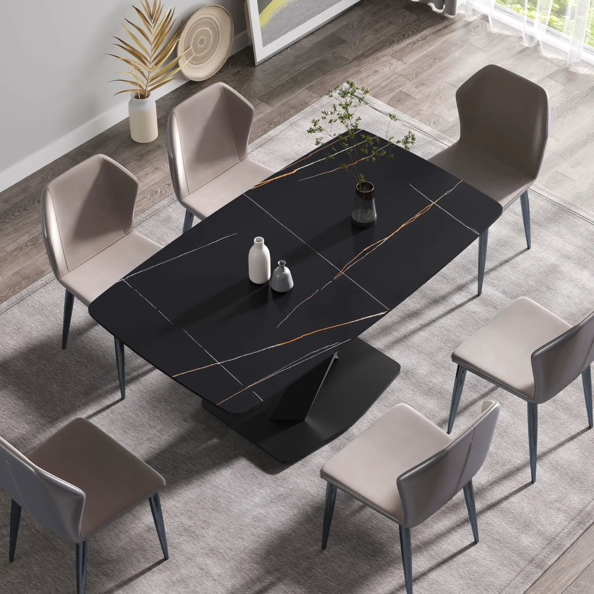 63" Artificial Stone Black Curved Black Metal Leg Dining Table - Black by HouseOfZazla
