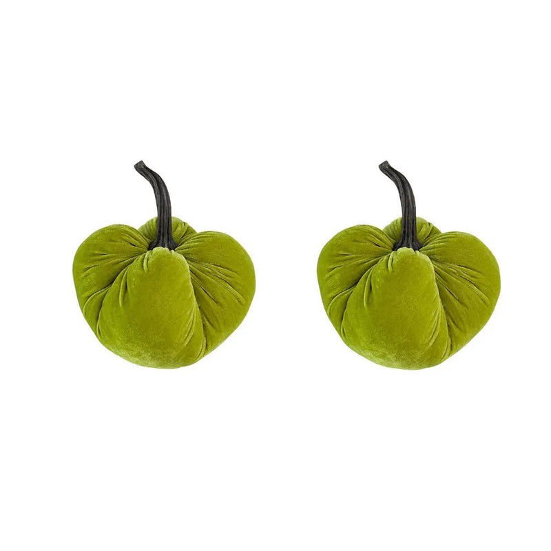 Velvet Weighted Pumpkin With Resin Stem Apple, Pumpkin Ornament Decor For Holiday Harvest Festival Fall Festival & Thanksgiving (Set of 2) - Green by Unique Piece Furniture