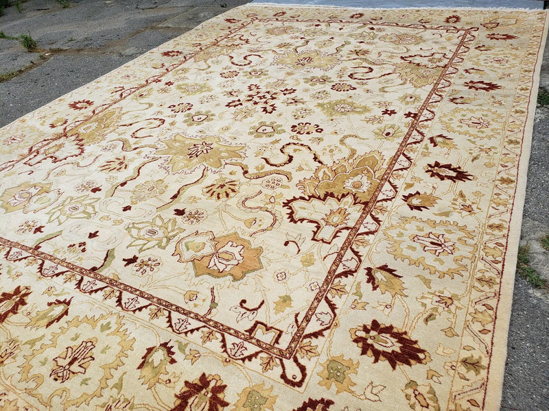 Vintage Oushak Area Rug, Hand-Knotted, Wool, Cream Beige Maroon, 10x15 Rug, 10x14 Rug, Large Oriental Carpet by Jewel Rugs