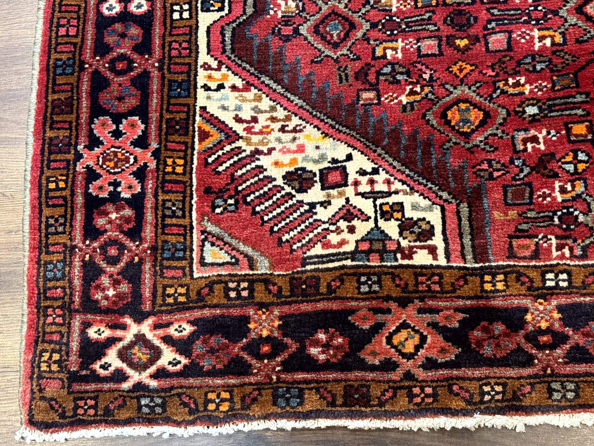 Persian Hamadan Rug 4x7, Tribal Village Malayer Carpet, Red and Ivory, Bohemian Antique by Jewel Rugs
