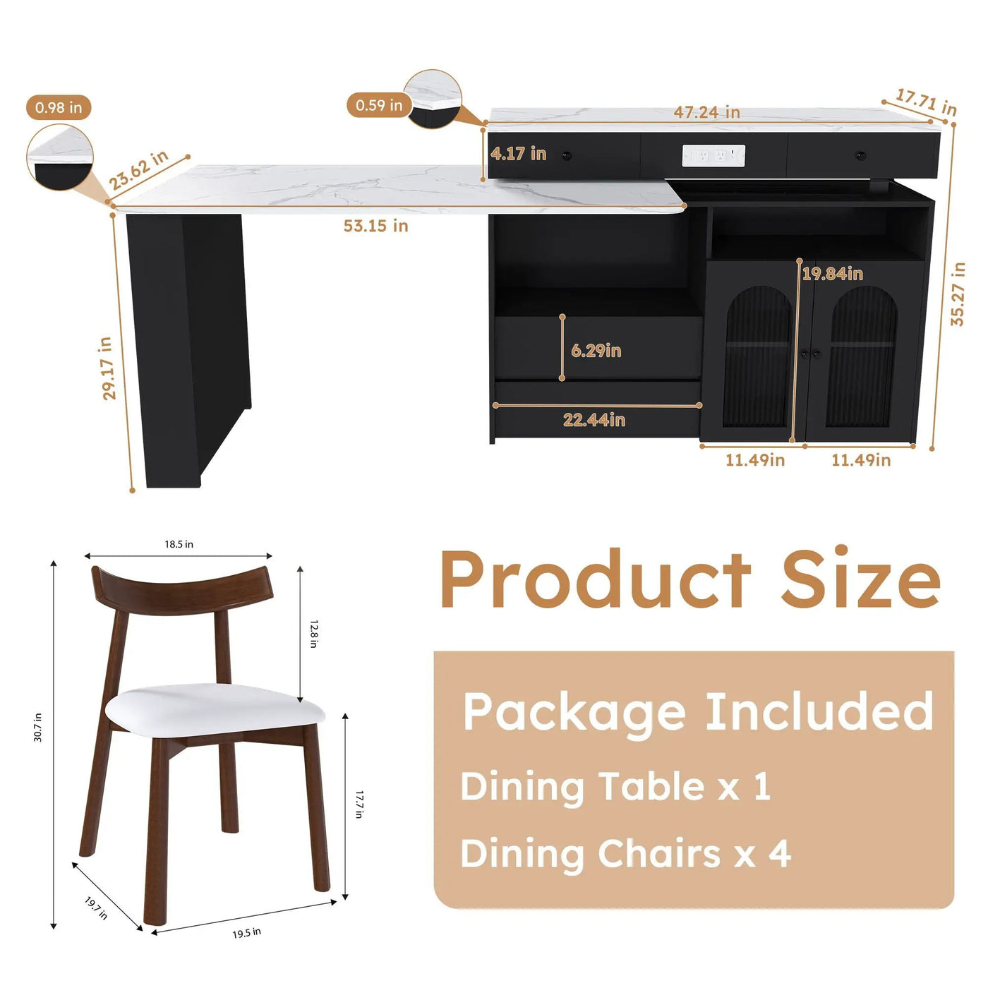 Retro Kitchen Island Set With Chairs, Extendable & Rotating Table, 4 Drawers & Door Cabinets by Unique Piece Furniture