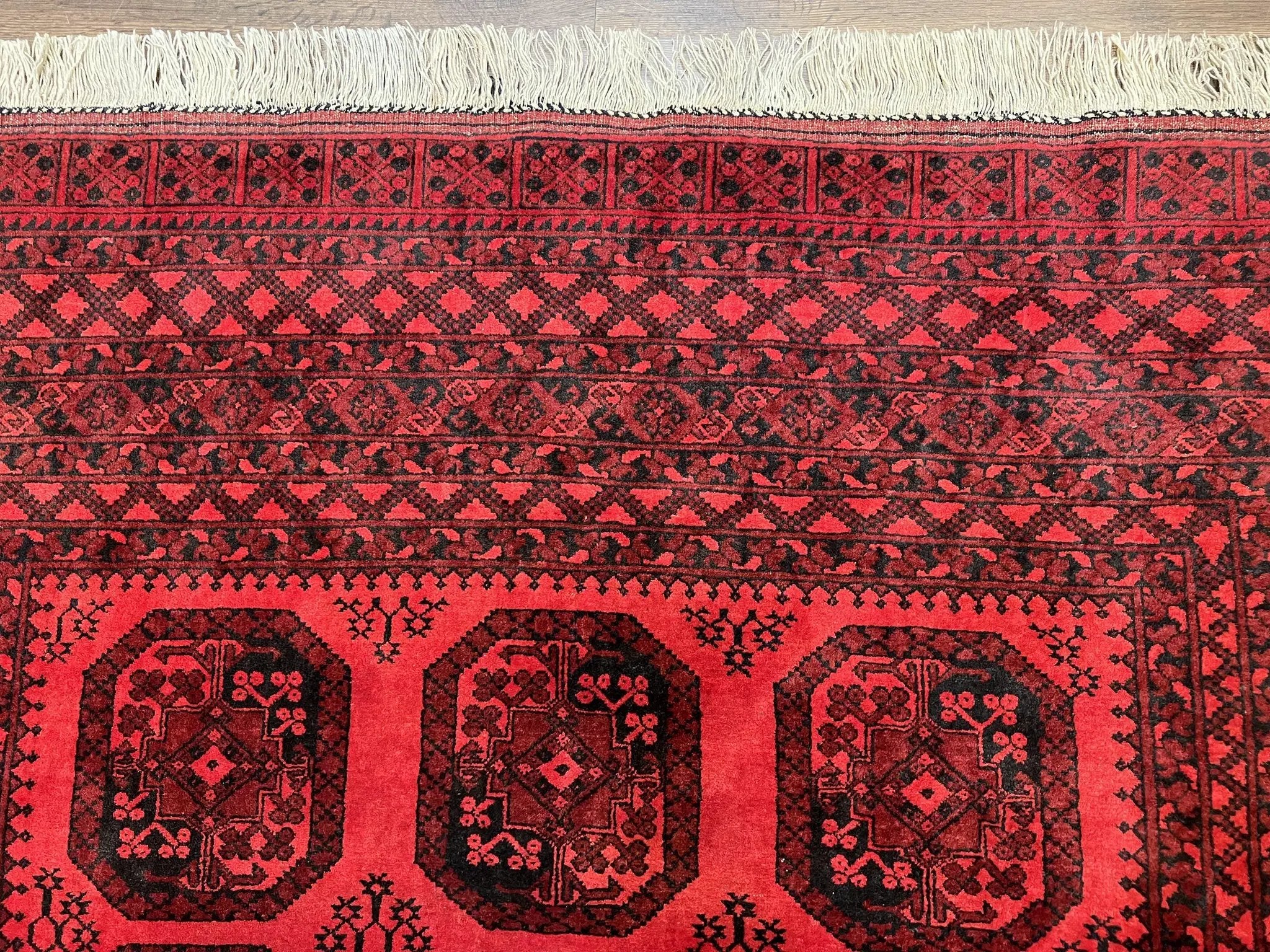 Afghan Turkoman Rug 7x10, Vintage Yamud Beshir Bokhara Carpet, Red and Black Bukhara Hand-Knotted Oriental Wool Handmade Rug, Elephant Foot by Jewel Rugs
