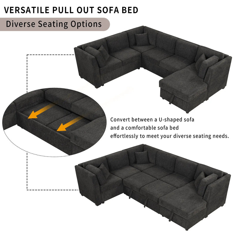 U-Shaped Sectional Sofa Pull Out Sofa Bed With Two USB Ports, Two Power Sockets, Three Back Pillows And A Storage Chaise For Living Room by HouseOfZazla