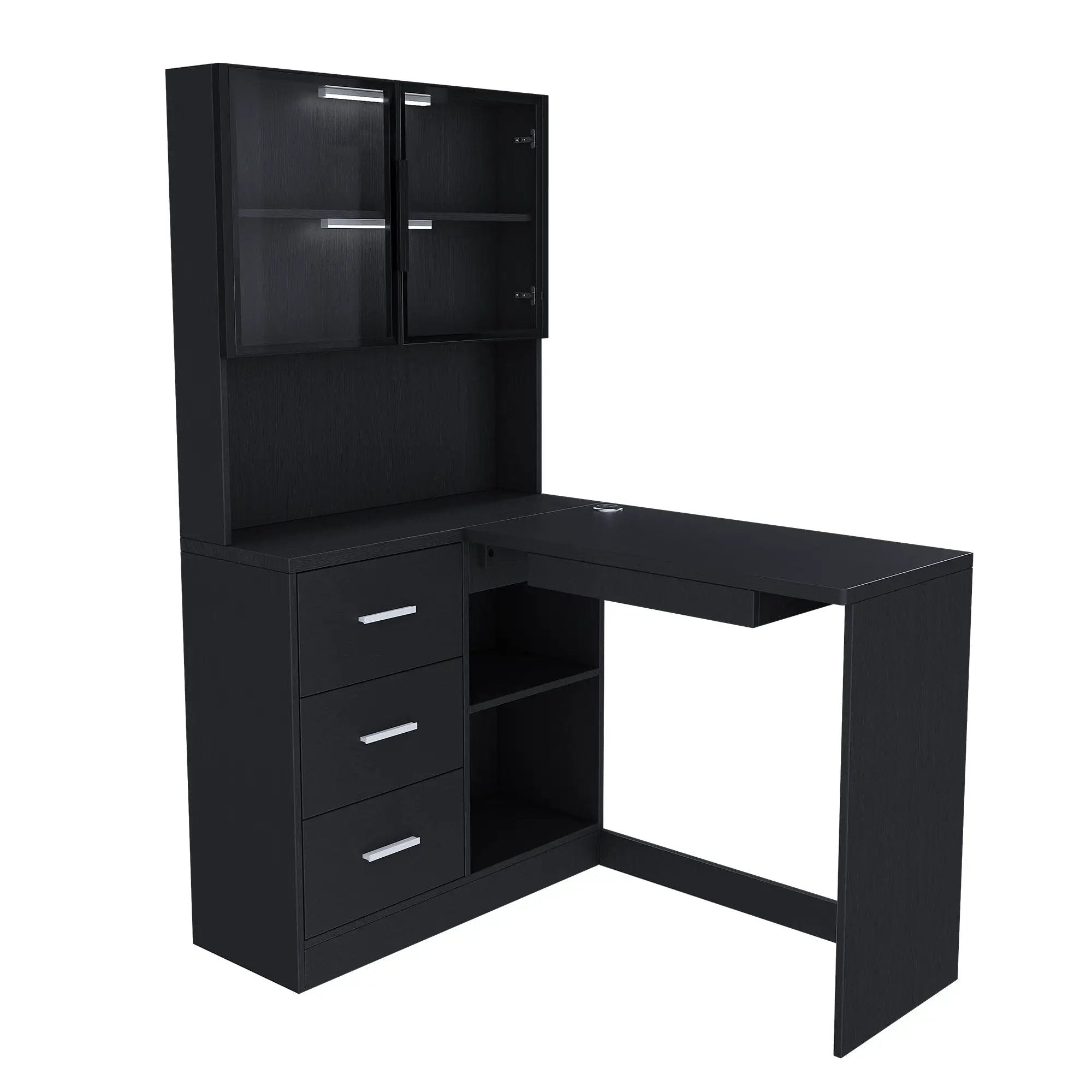 L-Shaped Computer Desk With Glass Cabinets, Built In LED Lights, USB Charging Ports by Unique Piece Furniture