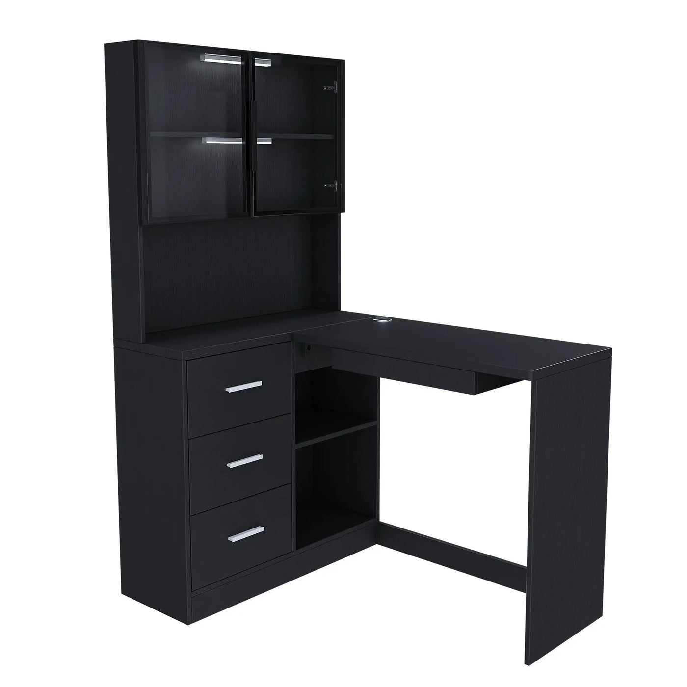 L-Shaped Computer Desk with Glass Cabinets, Built-In LED Lights, and USB Charging Ports by HouseOfZazla