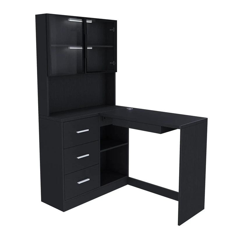 L-Shaped Computer Desk with Glass Cabinets, Built-In LED Lights, and USB Charging Ports by HouseOfZazla
