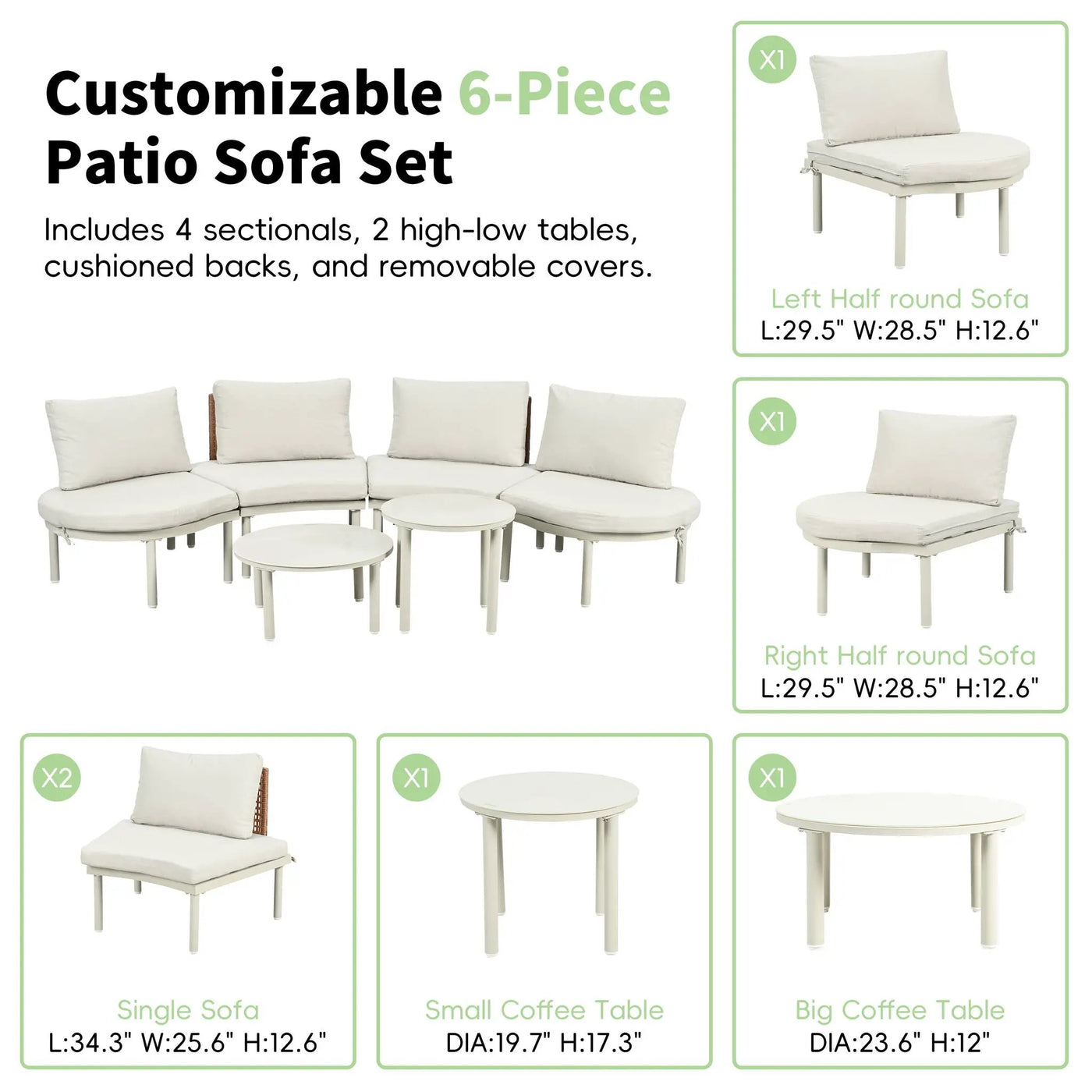 6 Piece Patio Set, Half Moon Outdoor Sectional Sofa With 2 High Low Coffee Tables, 4 Pillows & Cushions by Unique Piece Furniture