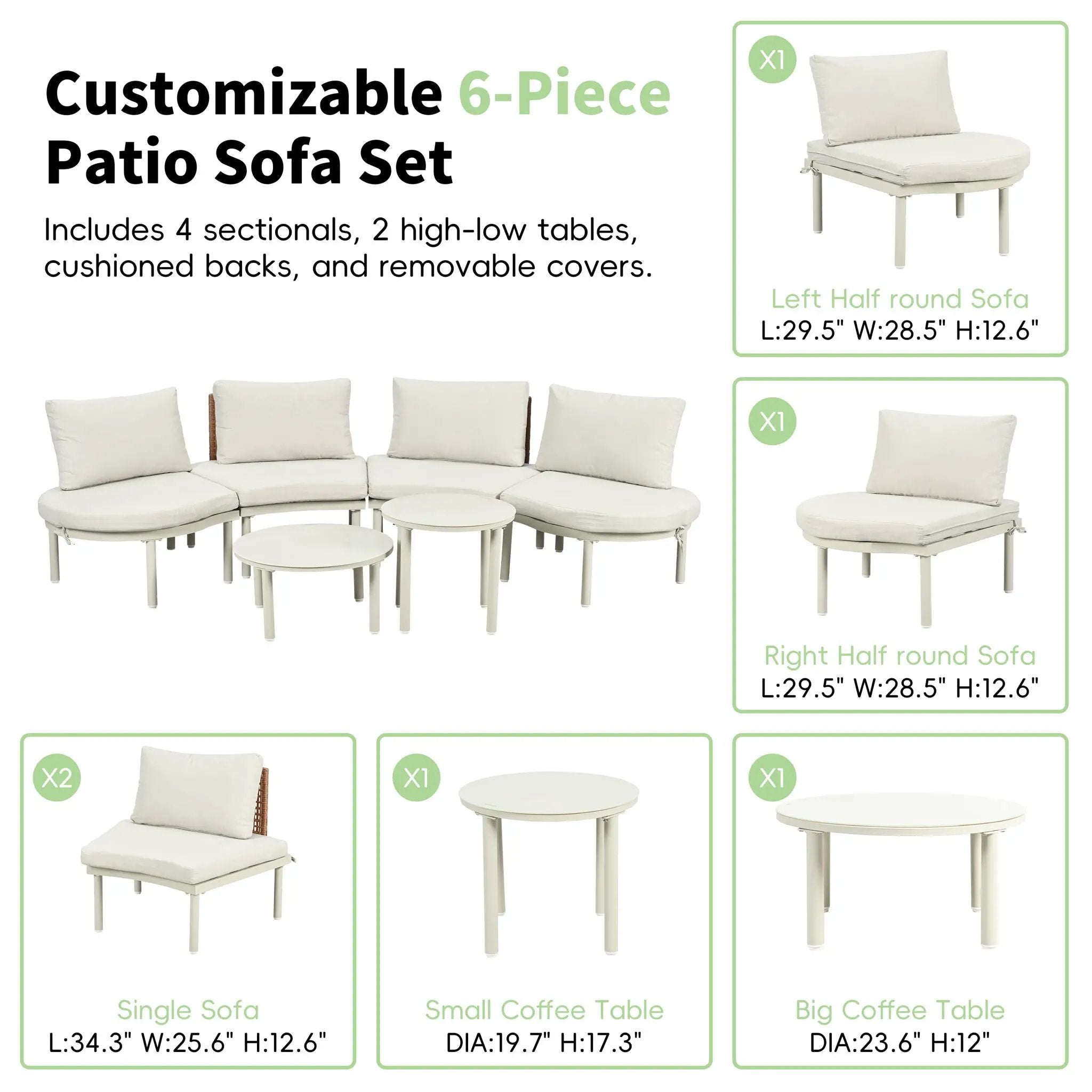 6 Piece Patio Set, Half Moon Outdoor Sectional Sofa With 2 High Low Coffee Tables, 4 Pillows & Cushions by HouseOfZazla