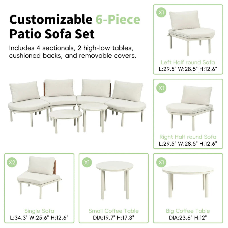 6 Piece Patio Set, Half Moon Outdoor Sectional Sofa With 2 High Low Coffee Tables, 4 Pillows & Cushions by HouseOfZazla