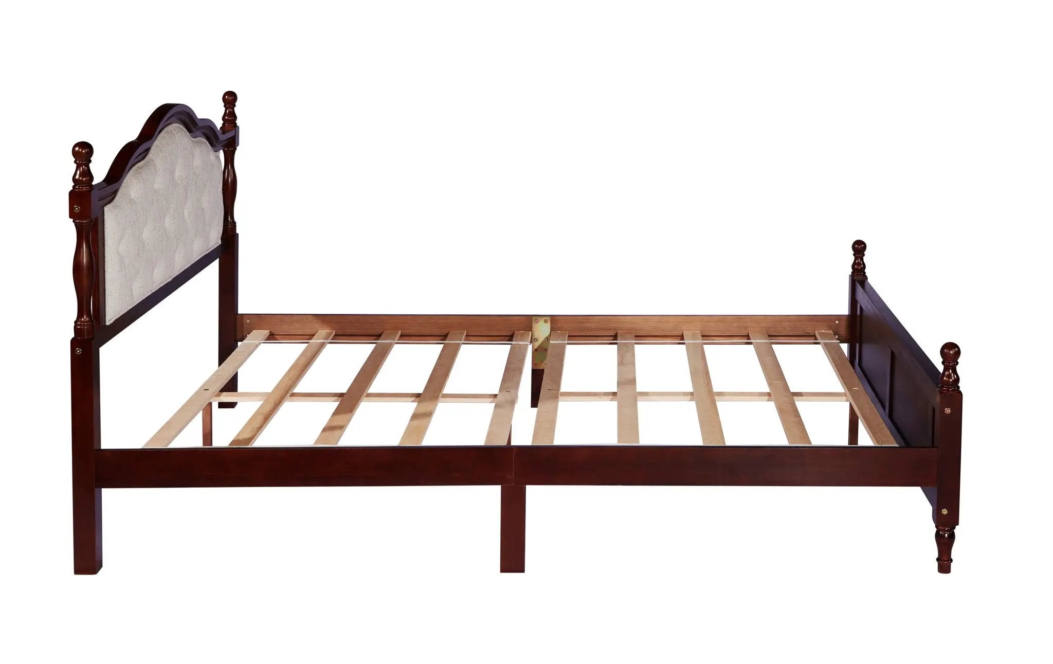 Pine Wooden Bed With Upholstered Headboard And Panel Footboard, With Two Bed Rail Support Feet And Central Platform Support Feet by HouseOfZazla