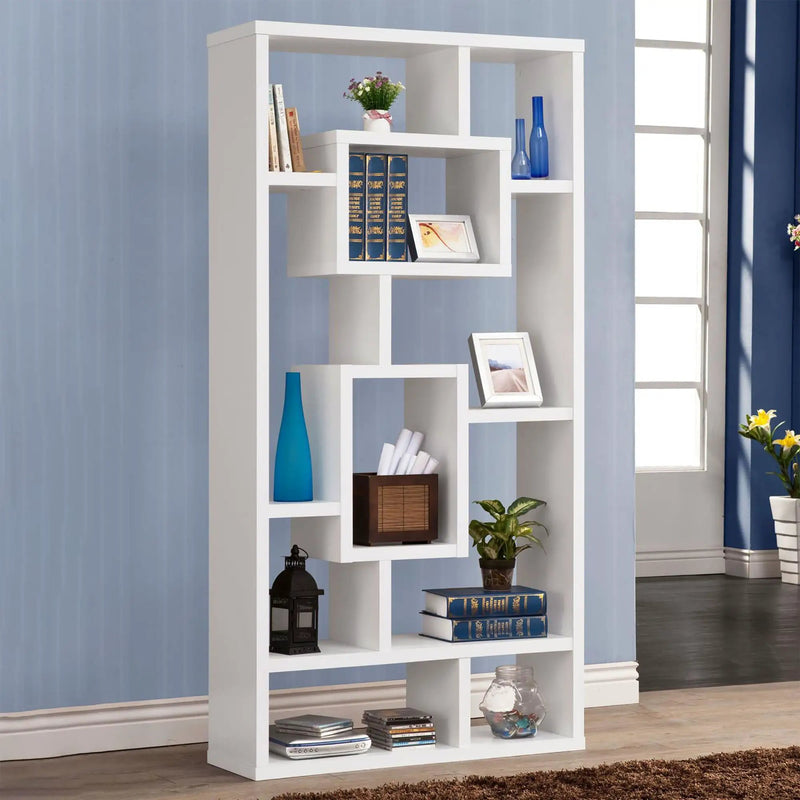 Geometric 10 Shelf Open Back Bookcase With Interlocking Shelves - White by HouseOfZazla