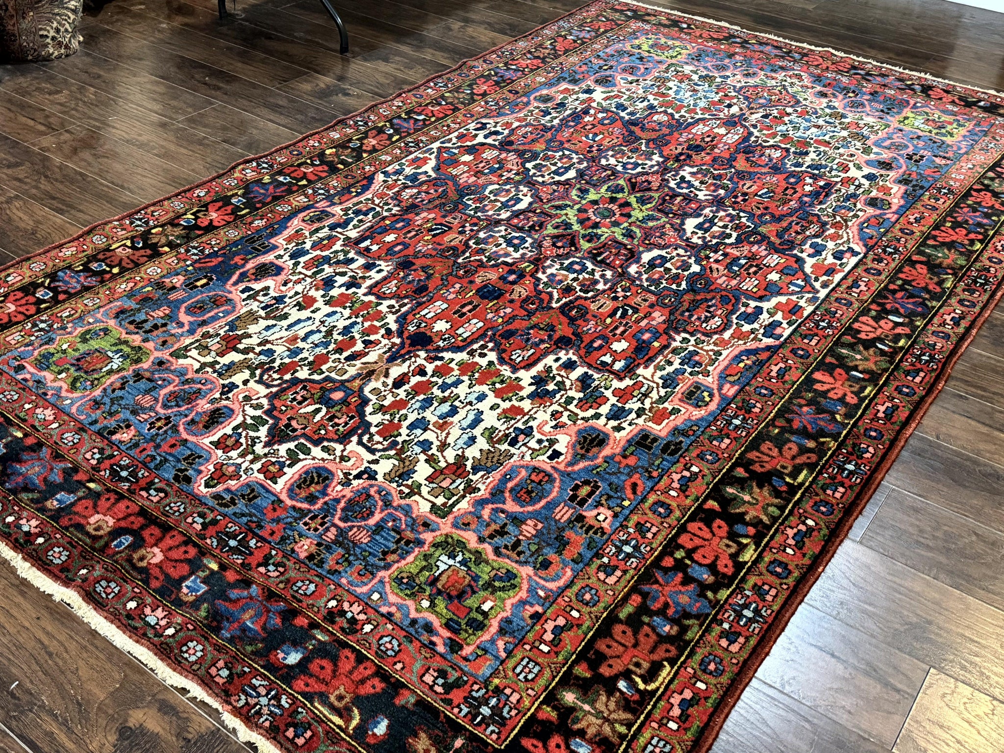 Persian Bakhtiari Rug 7x10, Antique Persian Carpet, Colorful, Great Colors, Ivory Red Blue, Rare Tribal Rug by Jewel Rugs