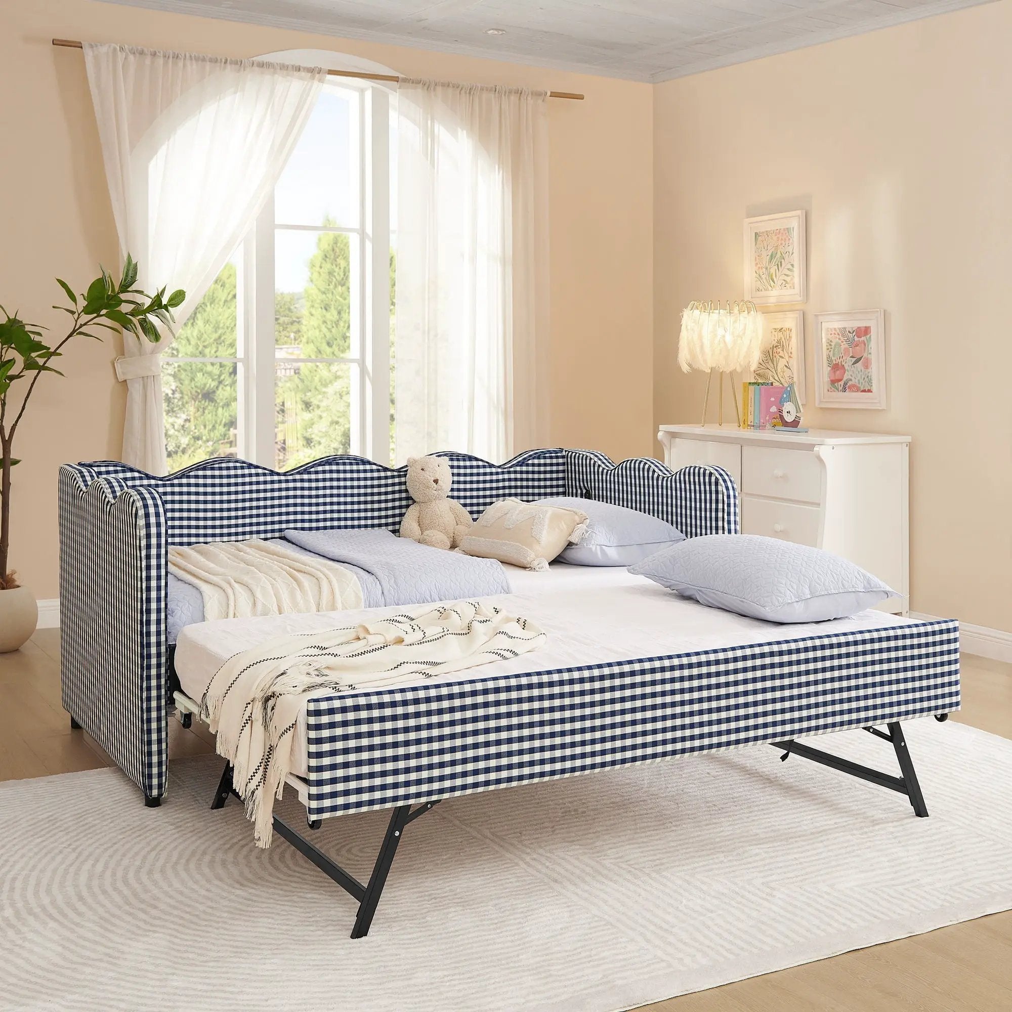 Gingham Daybed With USB Charging Port, Wave-Shaped Design by HouseOfZazla