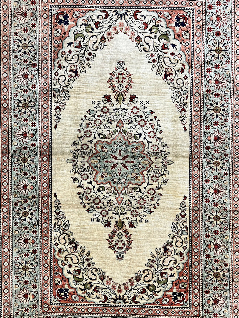 Silk Turkish Kayseri Rug 2x3, Very Finely Hand Knotted, Semi Open Field, Vintage, Silk Pile on Silk Foundation, 300 KPSI by Jewel Rugs