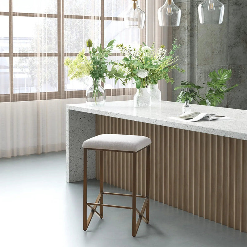 Backless Upholstered Counter Stool With Padded Seat - Ivory / Bronze by Unique Piece Furniture