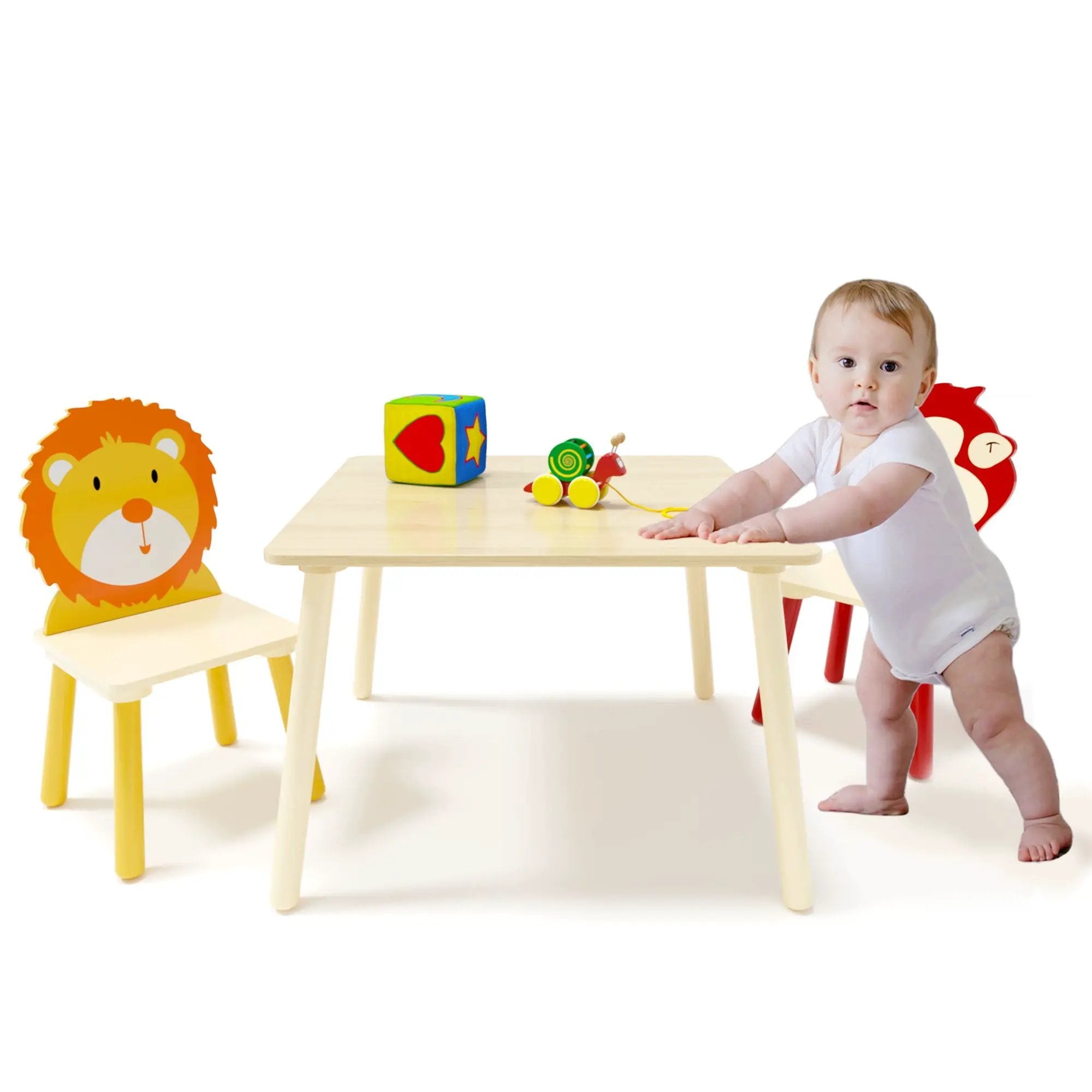 Kids Table And 2 Chairs Set, 3 Pieces Toddler Table And Chair Set, Wooden Activity Play Table Set (Lion&Monkey) - Natural by HouseOfZazla