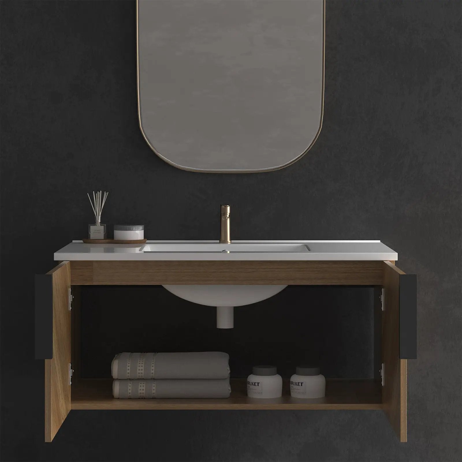 36 Inch Wall-Mounted Bathroom Vanity with 3D Fluted Panel & Ceramic Integrated Sink by HouseOfZazla