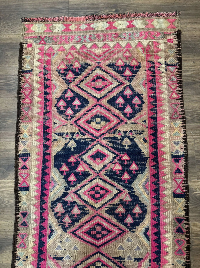 Turkish Runner Rug 3x10, Pink and Navy Blue, Bohemian Runner for Hallway or Kitchen, Vintage, Geometric, Tribal by Jewel Rugs