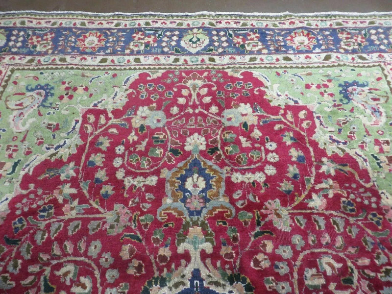Persian Tabriz Rug 7x10, Red Blue and Green Rug, Allover Floral Medallion Rug, Hand Knotted Rug, Antique Rug 7 x 10 Vintage Wool Oriental Carpet by Jewel Rugs