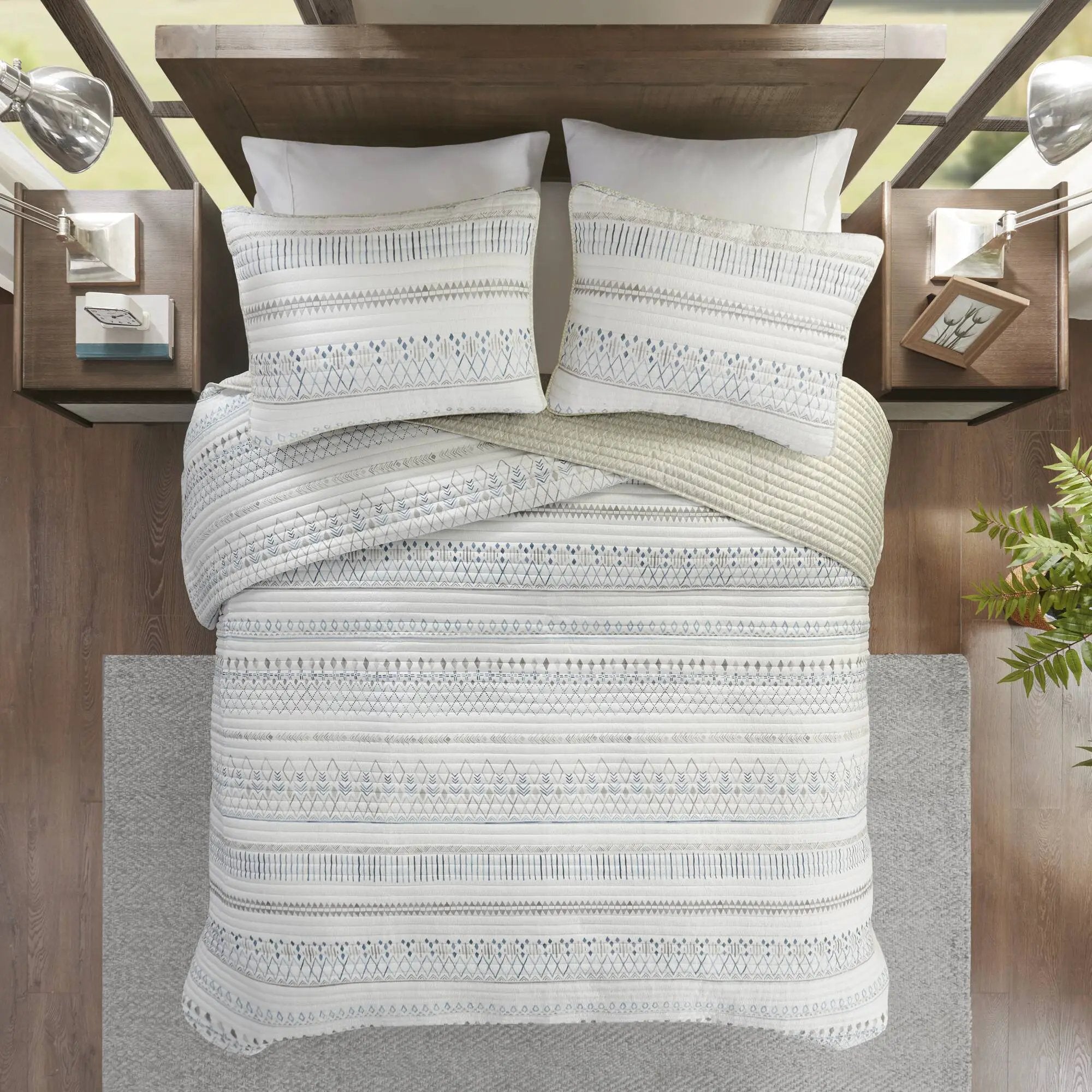3 Piece Printed Microfiber Seersucker Quilt Set Taupe/Blue Full/Queen by HouseOfZazla
