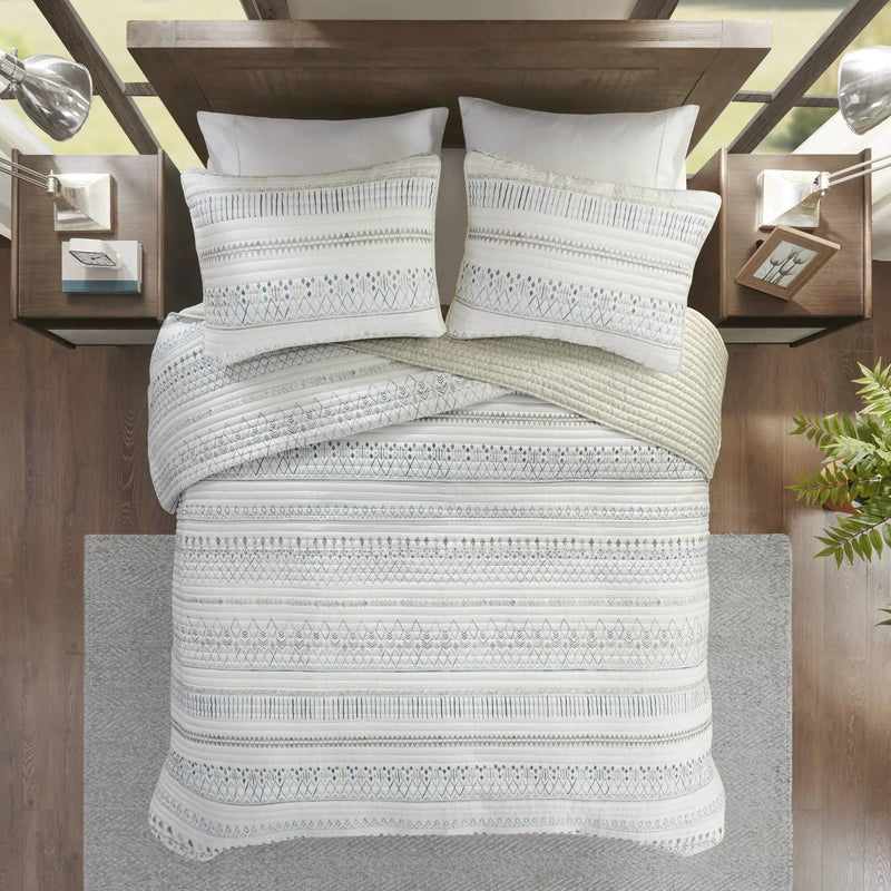 3 Piece Printed Microfiber Seersucker Quilt Set Taupe/Blue Full/Queen by HouseOfZazla