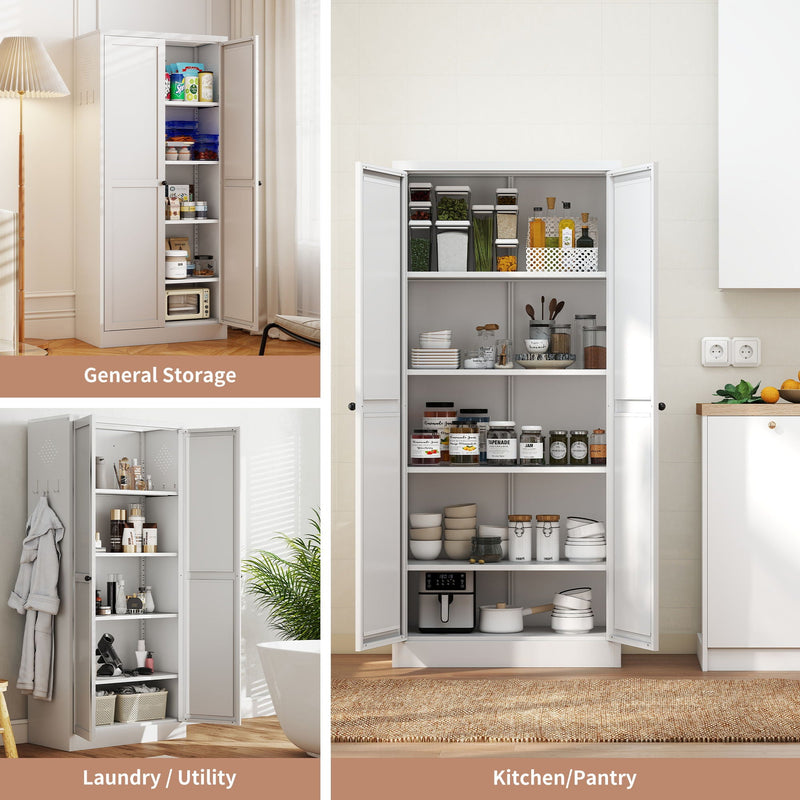 Metal Kitchen Pantry Cabinet With Adjustable Storage And 4 Heavy Duty Shelves - White by HouseOfZazla