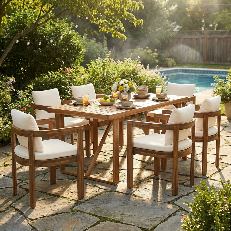 7 Pieces Acacia Wood Outdoor Dining Set with Cream Cushions by HouseOfZazla