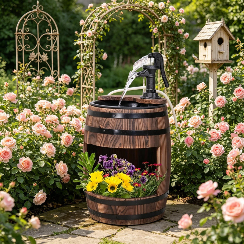 Wood and Iron Barrel Pump Fountain Planter 23 Inch, photo 2 of 8