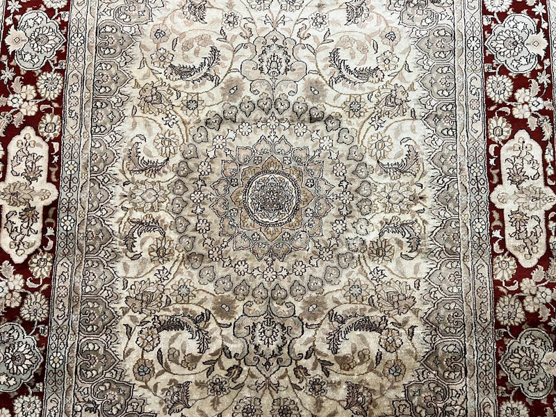Silk Indian Kashmiri Rug 4x6 ft, Floral Medallion Hand Knotted Handmade Oriental Carpet, Vintage, Cream Burgundy, Very Fine Silk Rug 4 x 6 by Jewel Rugs