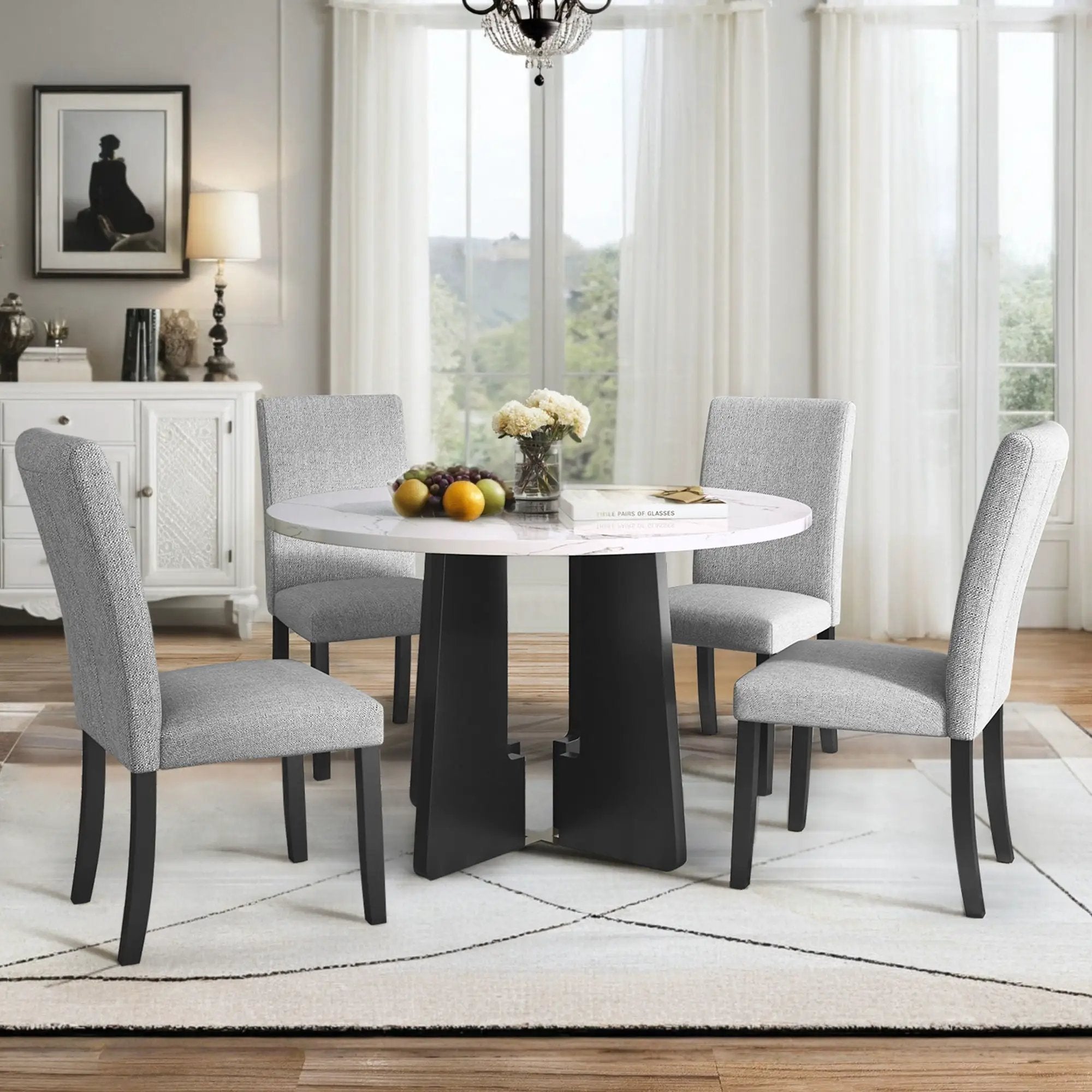 5 Piece Round Dining Table Set, Dining Table And 4 Upholstered Chairs For Dining Room, Kitchen Room, Living Room - White / Gray by Unique Piece Furniture