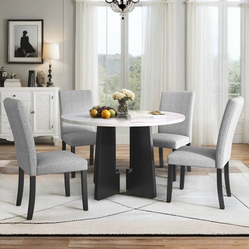 5 Piece Round Dining Table Set, Dining Table And 4 Upholstered Chairs For Dining Room, Kitchen Room, Living Room - White / Gray by Unique Piece Furniture