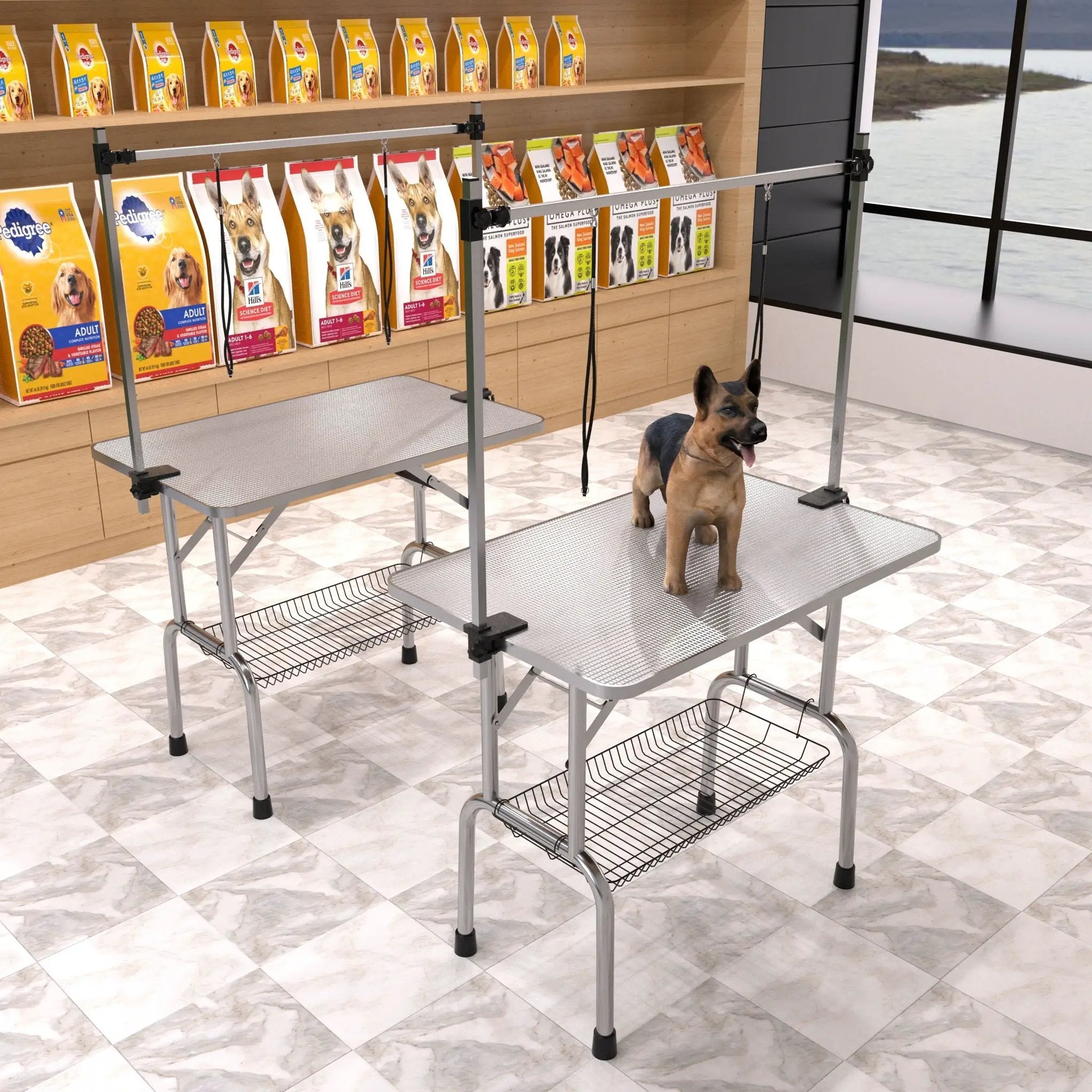 Folding Dog Pet Grooming Table Stainless Steel Frame Rubber Mat On Board With Adjustable Arm And Clamps Pet Dog Cat Grooming Table by HouseOfZazla