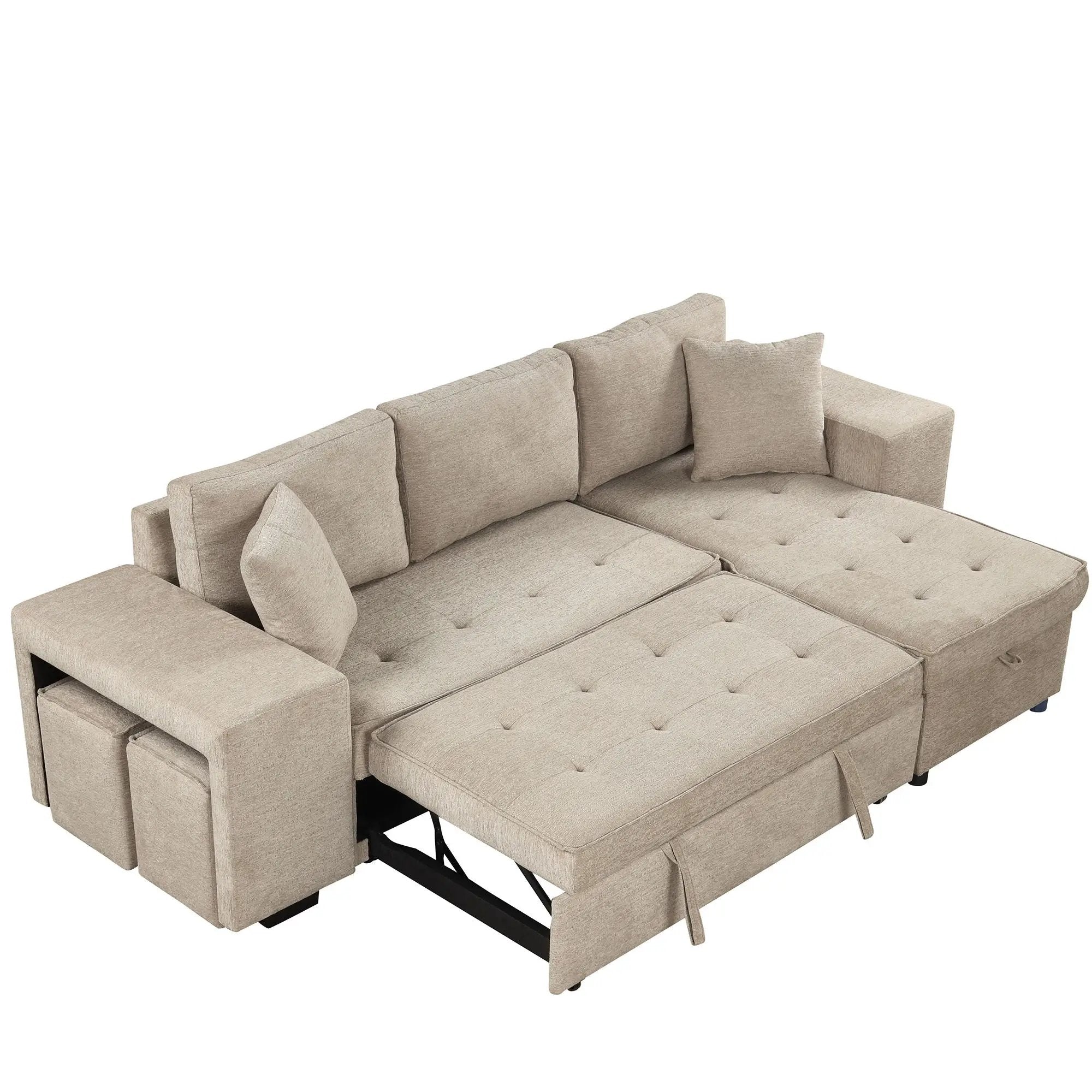 Modern L-Shape 3 Seat Reversible Sectional Couch, Pull Out Sleeper Sofa With Storage Chaise And 2 Stools For Living Room Furniture Set by HouseOfZazla