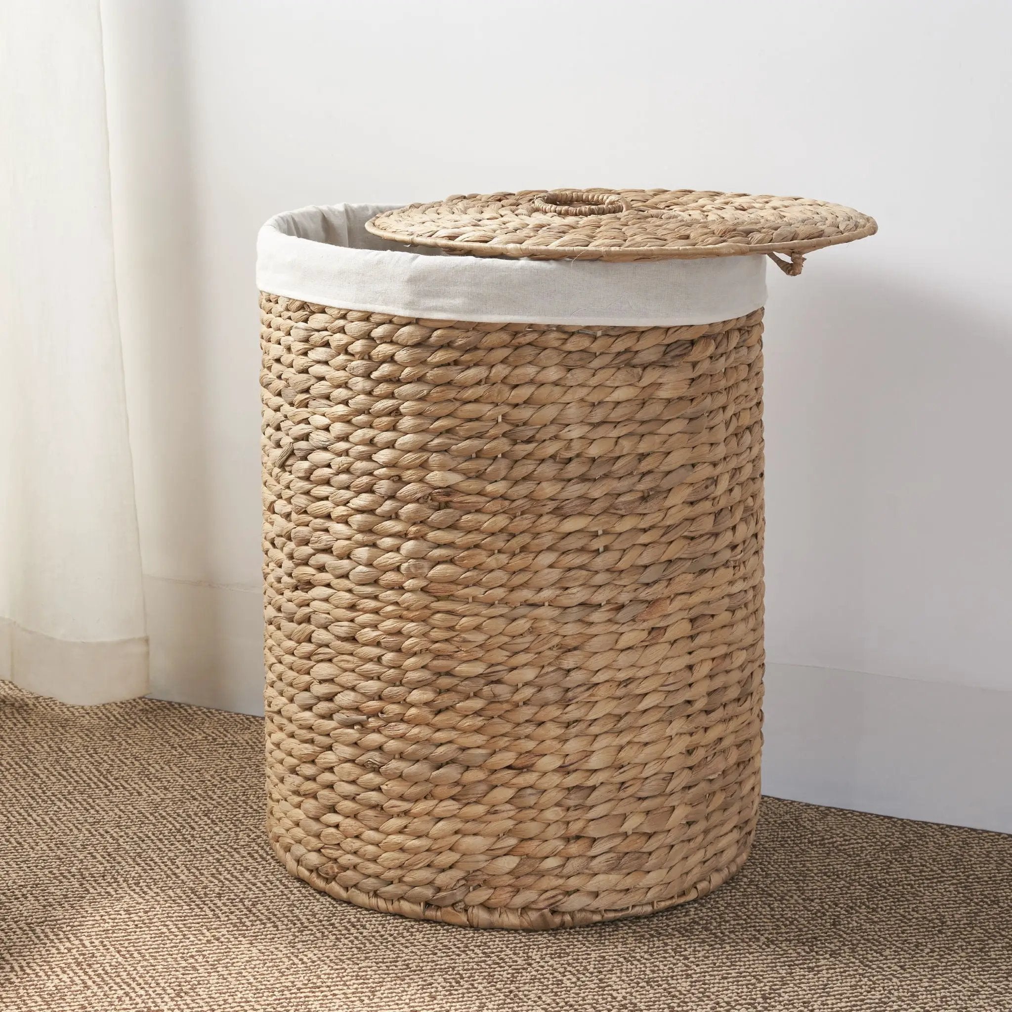 Round Tall Water Hyacinth Woven Wicker Laundry Hamper With Lid - For Clothes, Toys And Book Storage With Removable Liner - 15" X 15" X 20" - Natural Brown by Unique Piece Furniture