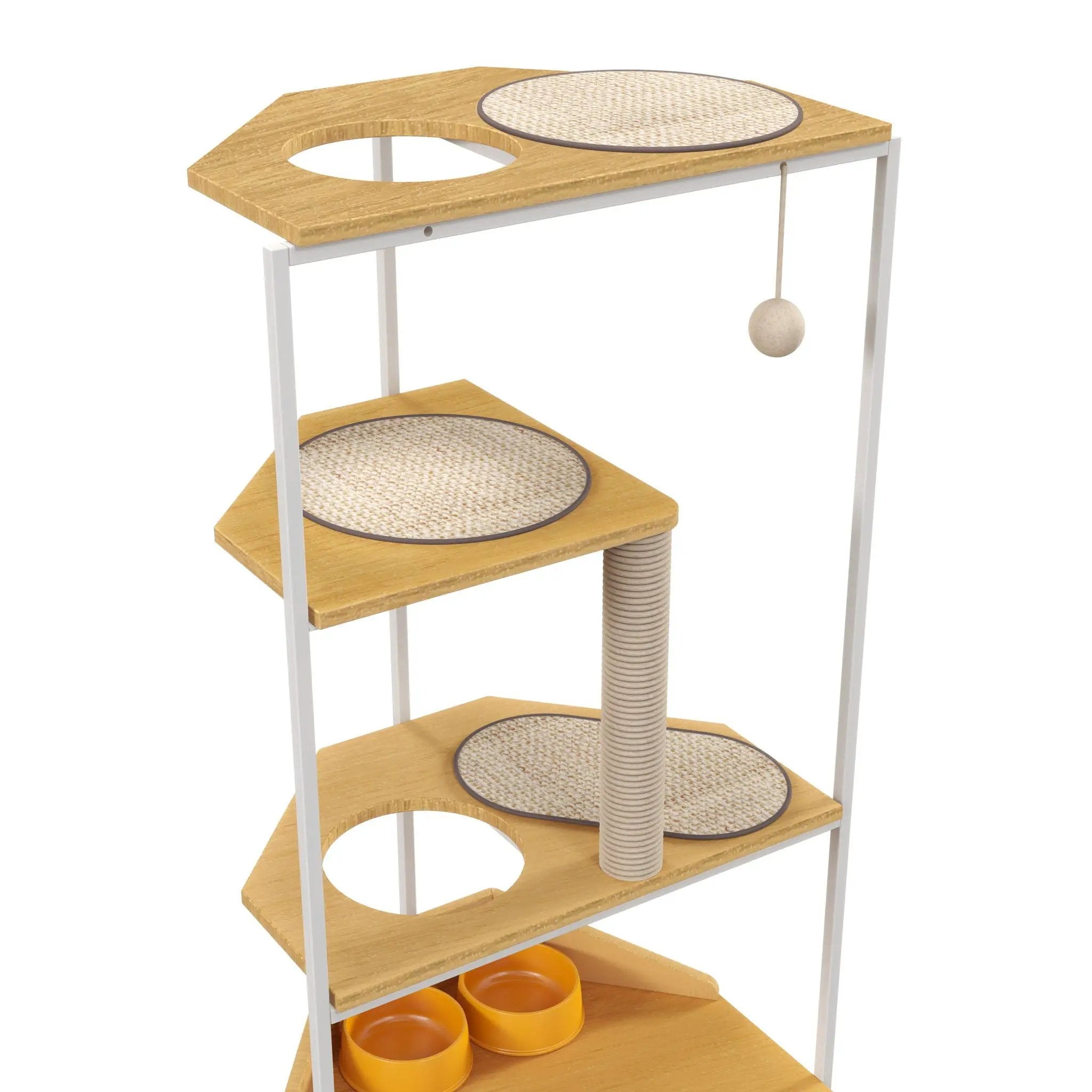 Corner Cat Tower, Cat Tree With Scratching Post, Cat Condo With Feeding Station And Climbing Platforms, Pet Furniture For Indoor Cats - White / Light Oak by HouseOfZazla