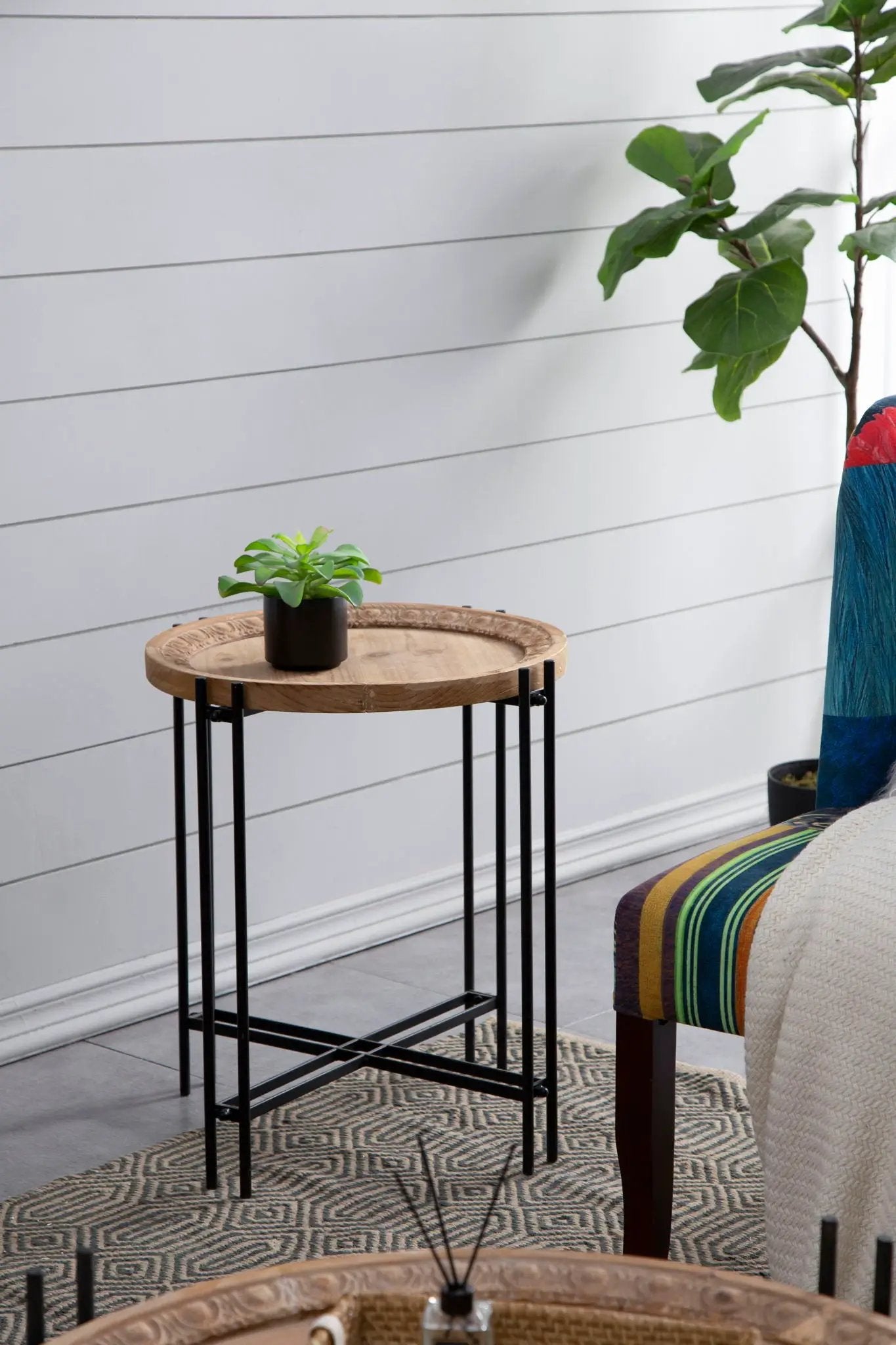 Round Side Table With Wood Top, End Table For Living Room Bedroom - Black Brown by HouseOfZazla