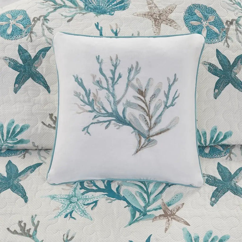 6 Piece Cotton Sateen Quilt Set with Throw Pillows Aqua Full/Queen by HouseOfZazla