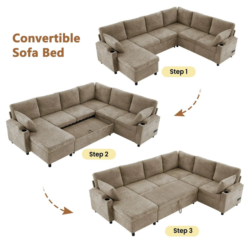 U-Shaped Sectional Sofa Bed With Storage, Charging Ports, And Cup Holders - Brown by Unique Piece Furniture