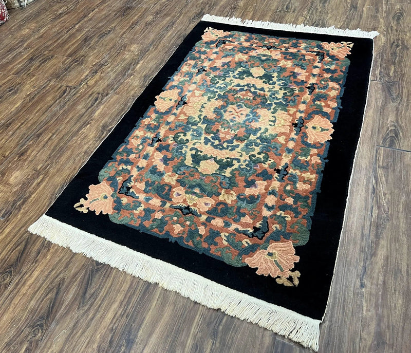 Chinese Art Deco Rug 3x5, Black and Beige Chinese Carpet 3 x 5, Vintage Rug, 1950s Rug, Floral Rug, Handmade Rug, Art Deco Rug, Wool Rug by Jewel Rugs