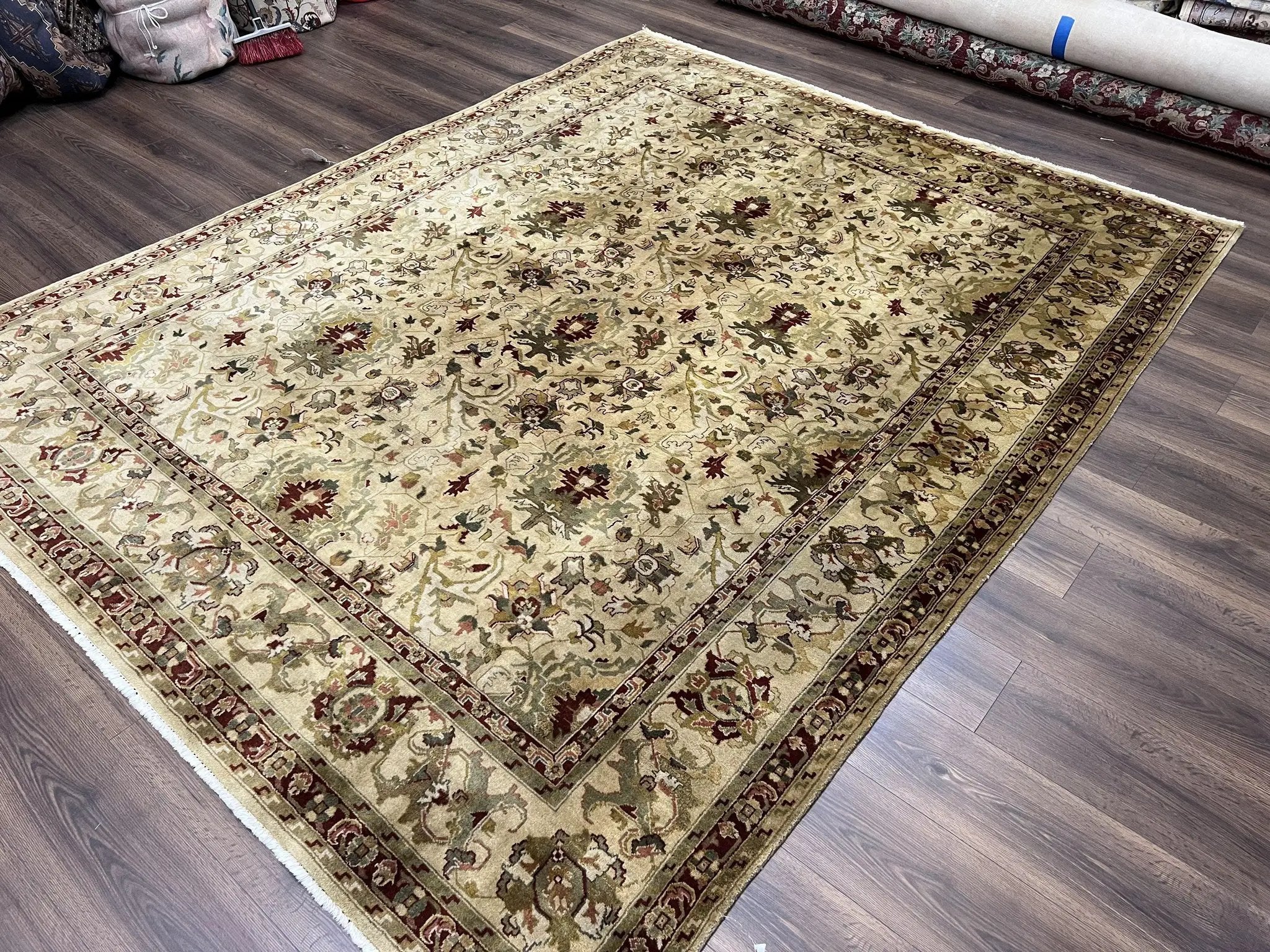 Indian Mahal Rug 8x10, Allover Floral Mahal Oriental Carpet 8 x 10, Handmade Hand Knotted Wool Rug, Indo Persian Area Rug, Tea-Washed Tan by Jewel Rugs