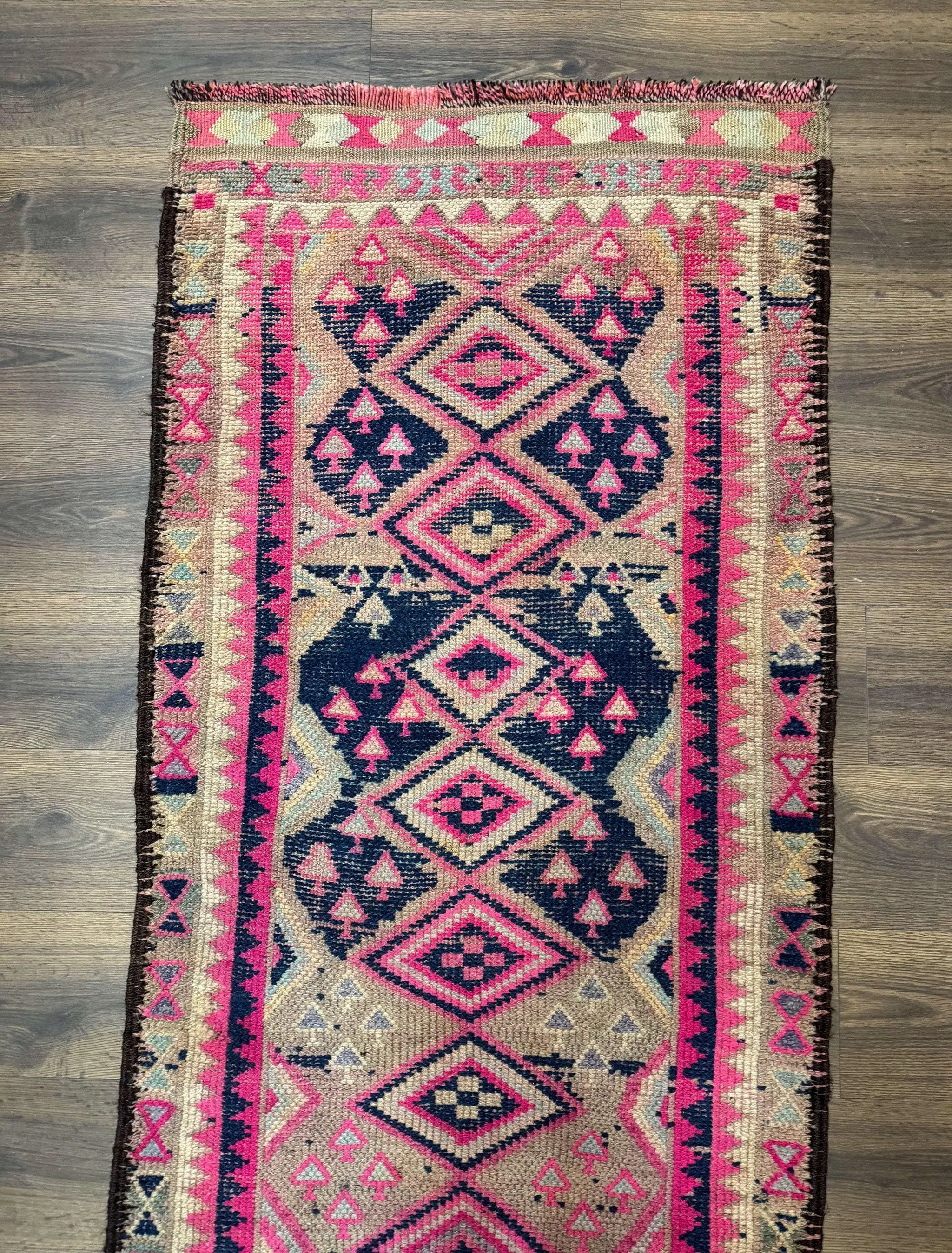Turkish Runner Rug 3x10, Pink and Navy Blue, Bohemian Runner for Hallway or Kitchen, Vintage, Geometric, Tribal by Jewel Rugs