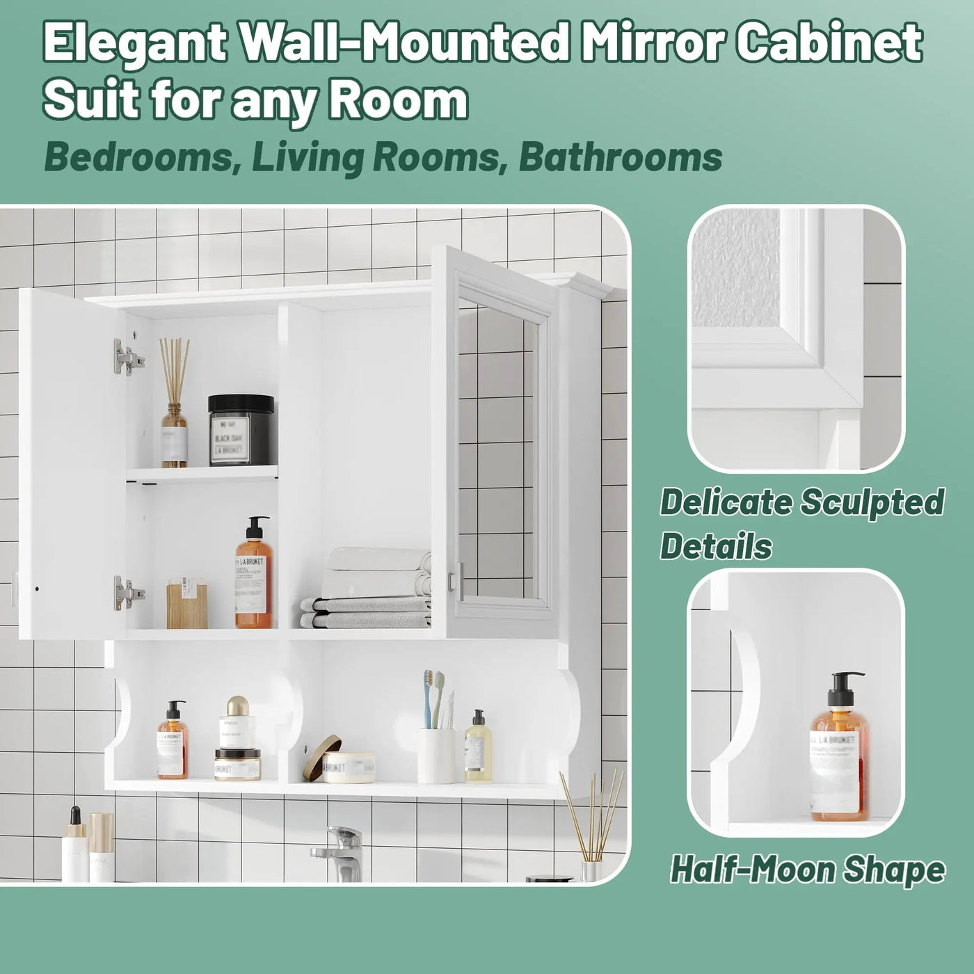 Wall Mounted Mirror Medicine Cabinet, Bathroom Storage With Doors And Open Shelves by Unique Piece Furniture