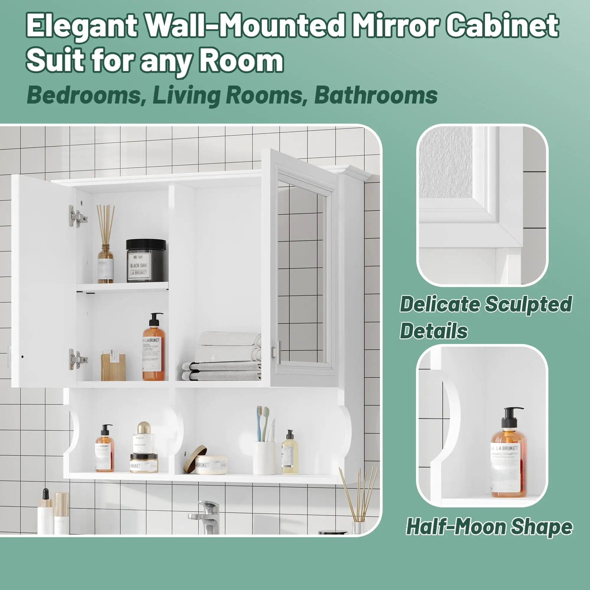 Wall Mounted Mirror Medicine Cabinet, Bathroom Storage With Doors And Open Shelves by Unique Piece Furniture