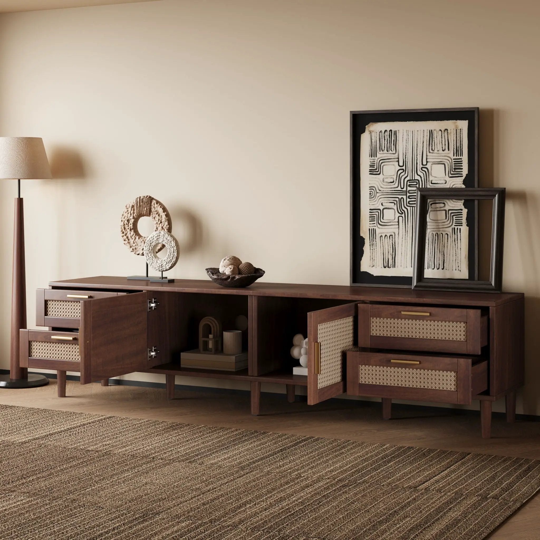 TV Stand, Media Console With 4 Drawers, Soft Closing Hinges - Dark Brown by Unique Piece Furniture