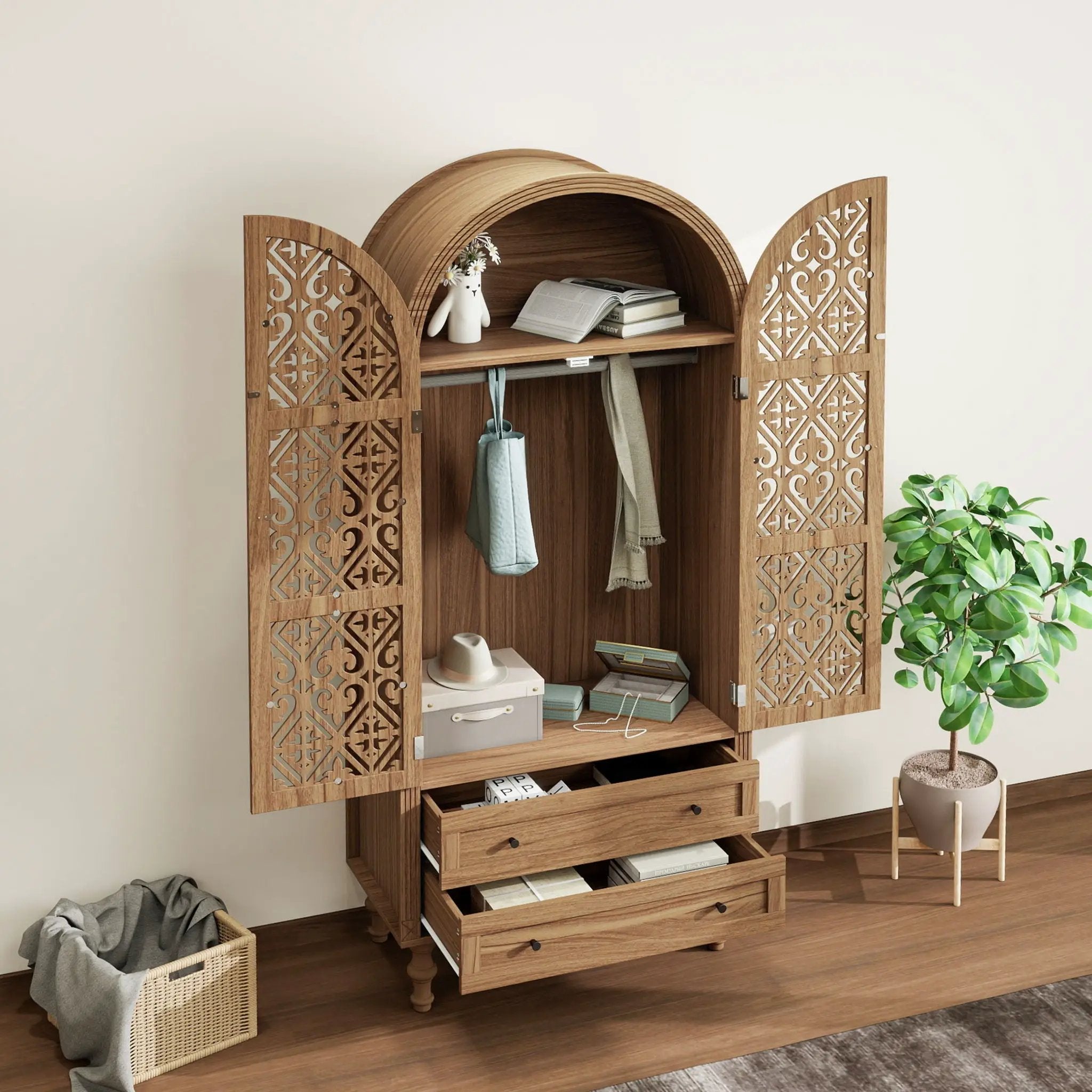 Tall Kitchen Pantry Cabinet With Hollow Carved Doors 2 Drawers And Adjustable Shelves Storage Display Cabinet For Kitchen Dining Room Or Living Room - Walnut by Unique Piece Furniture