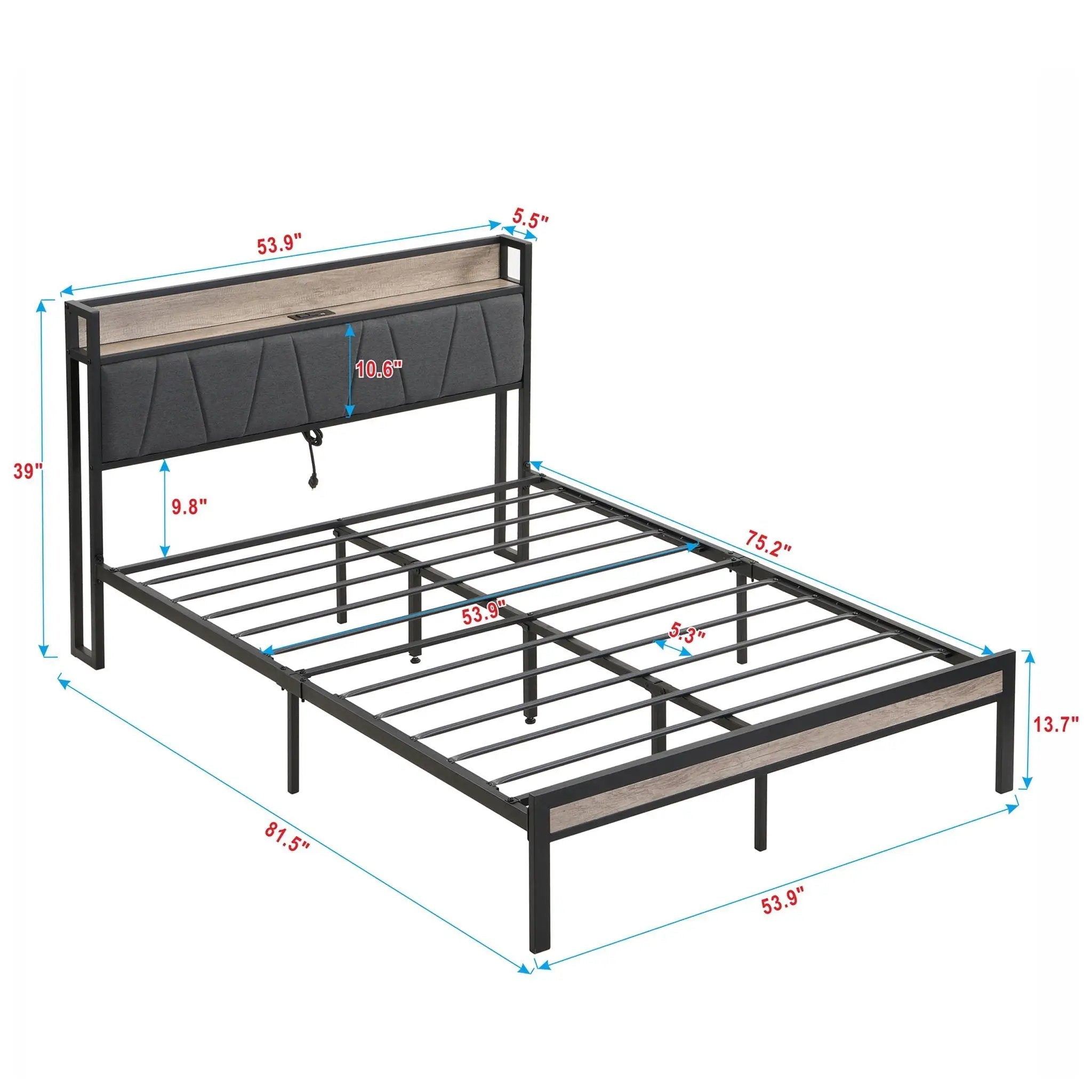 Modern Bed Frame With LED Lights, Upholstered Headboard, USB Charging by HouseOfZazla